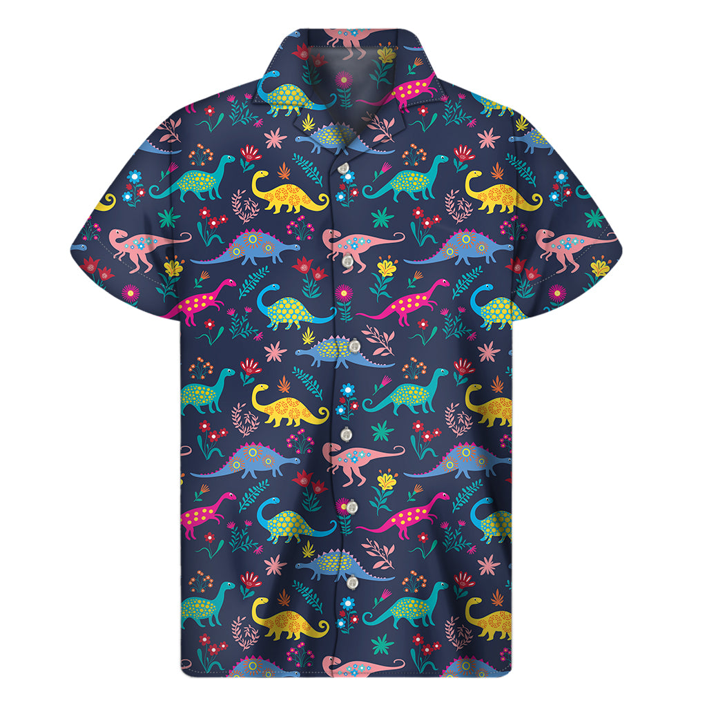 Cute Dino Floral Pattern Print Men's Short Sleeve Shirt