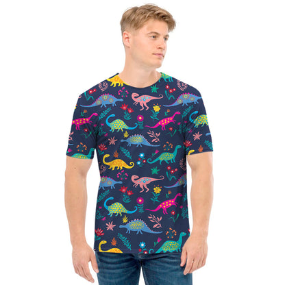 Cute Dino Floral Pattern Print Men's T-Shirt