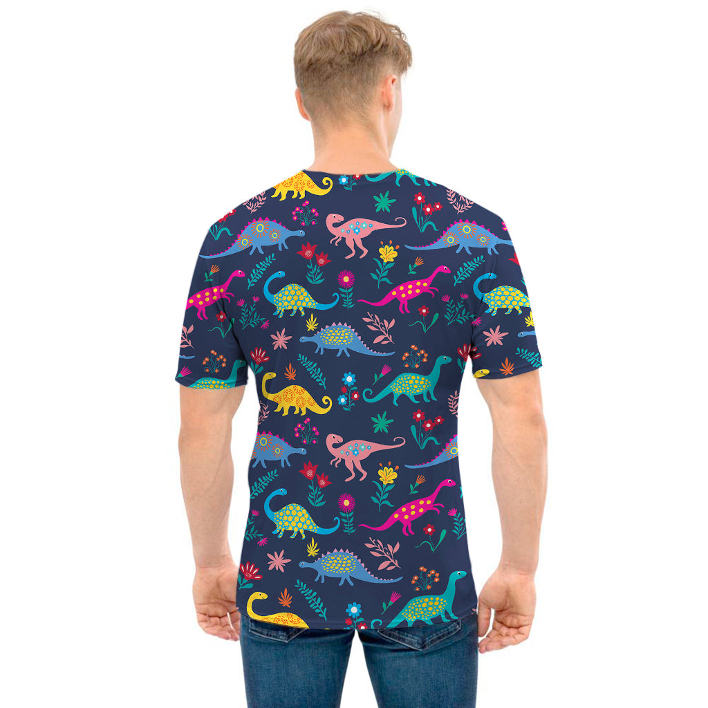 Cute Dino Floral Pattern Print Men's T-Shirt