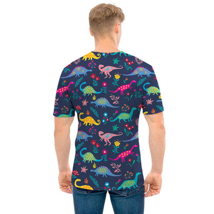 Cute Dino Floral Pattern Print Men's T-Shirt