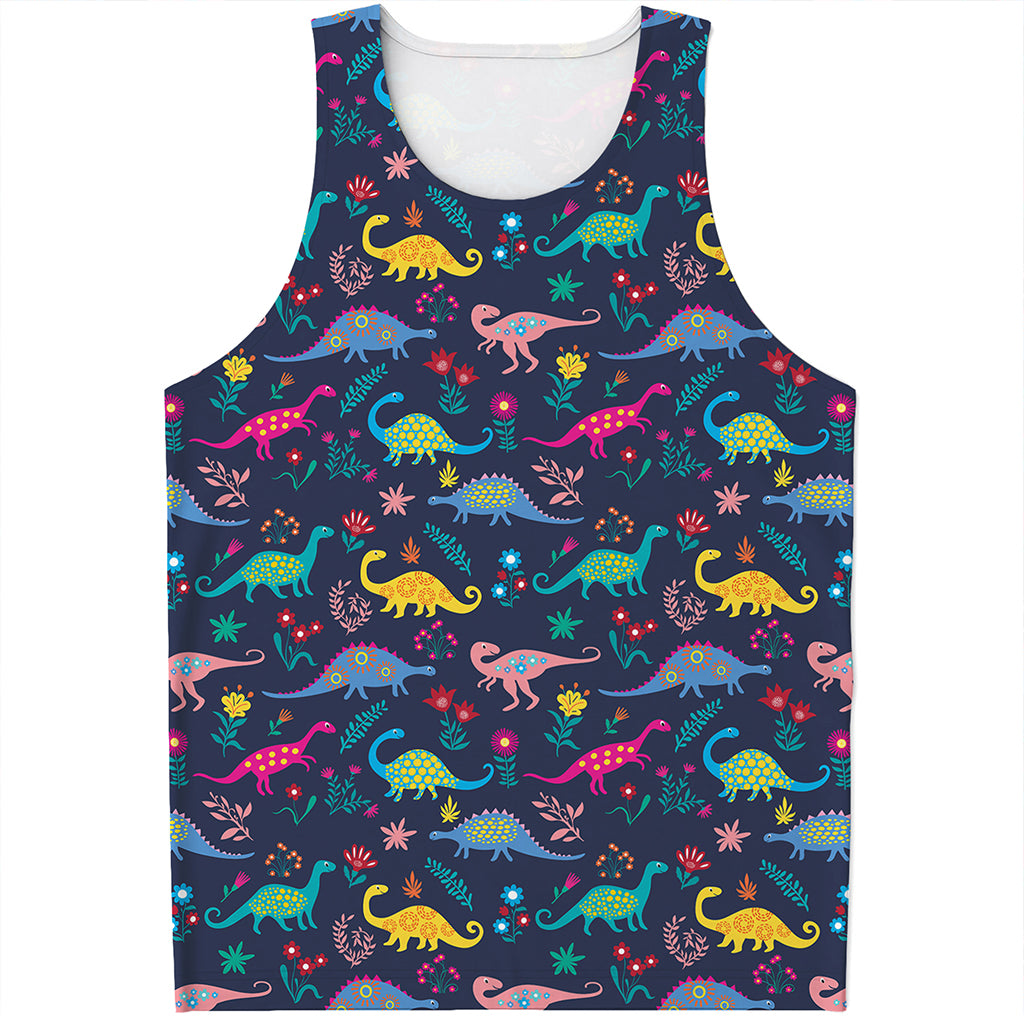 Cute Dino Floral Pattern Print Men's Tank Top