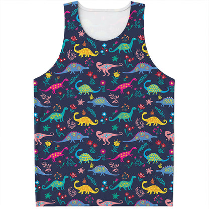 Cute Dino Floral Pattern Print Men's Tank Top