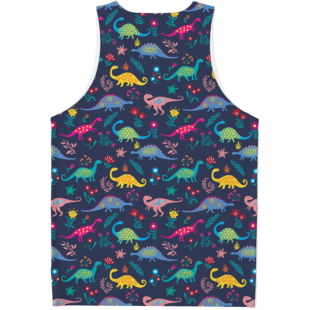 Cute Dino Floral Pattern Print Men's Tank Top
