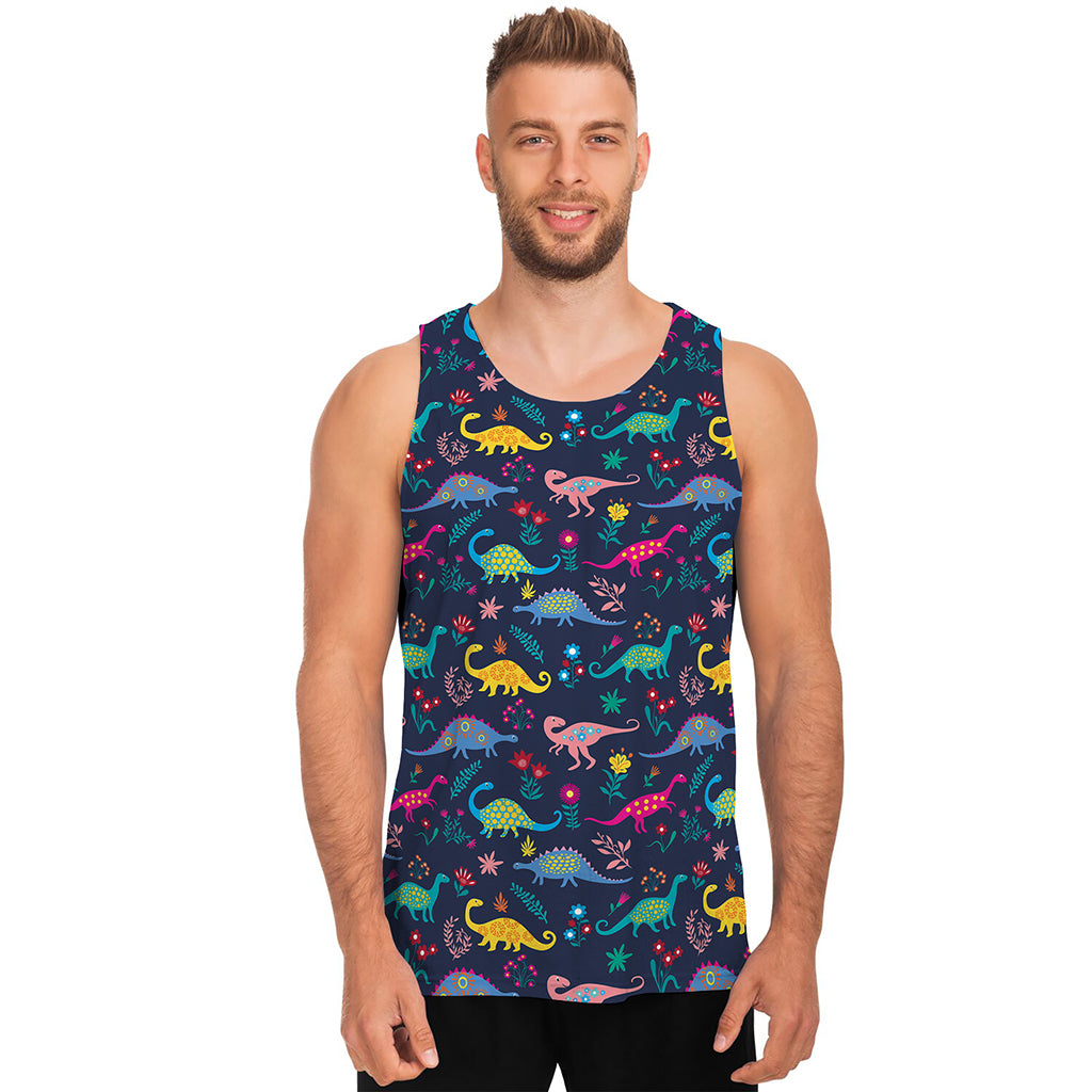 Cute Dino Floral Pattern Print Men's Tank Top
