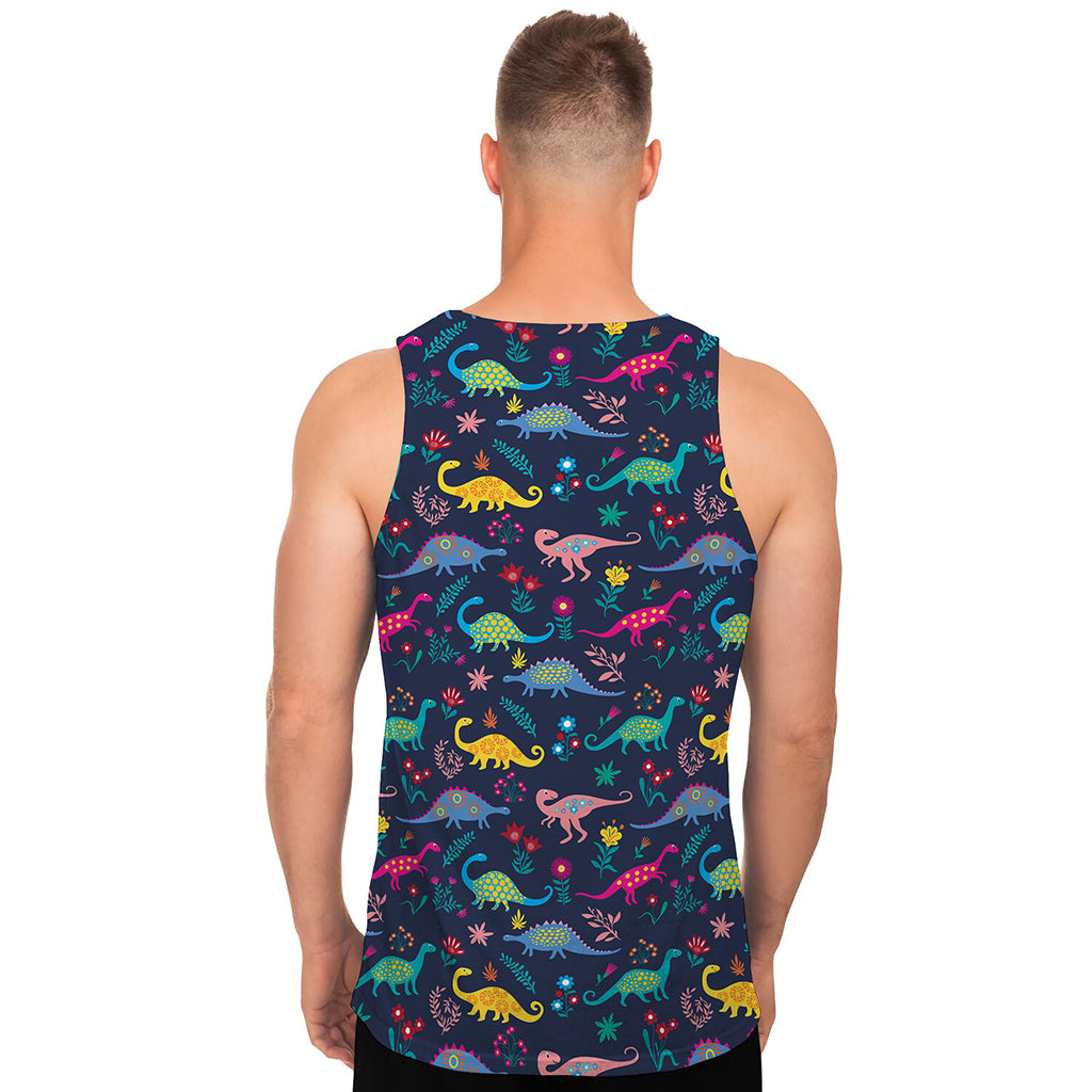 Cute Dino Floral Pattern Print Men's Tank Top