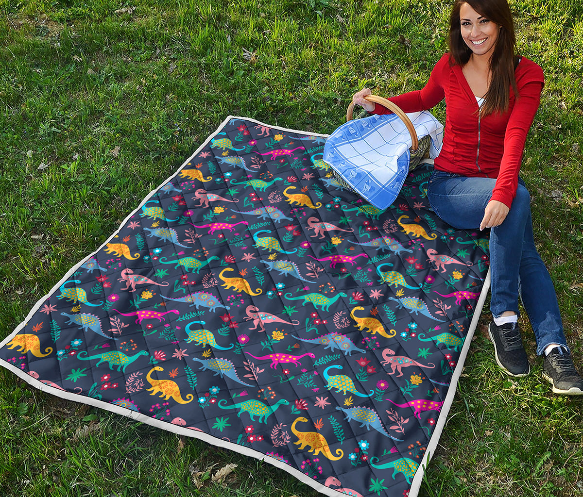 Cute Dino Floral Pattern Print Quilt