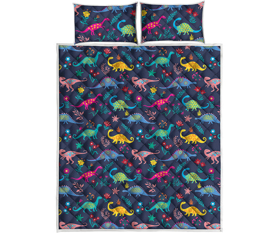 Cute Dino Floral Pattern Print Quilt Bed Set