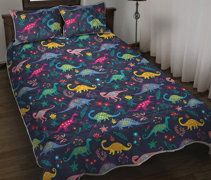 Cute Dino Floral Pattern Print Quilt Bed Set