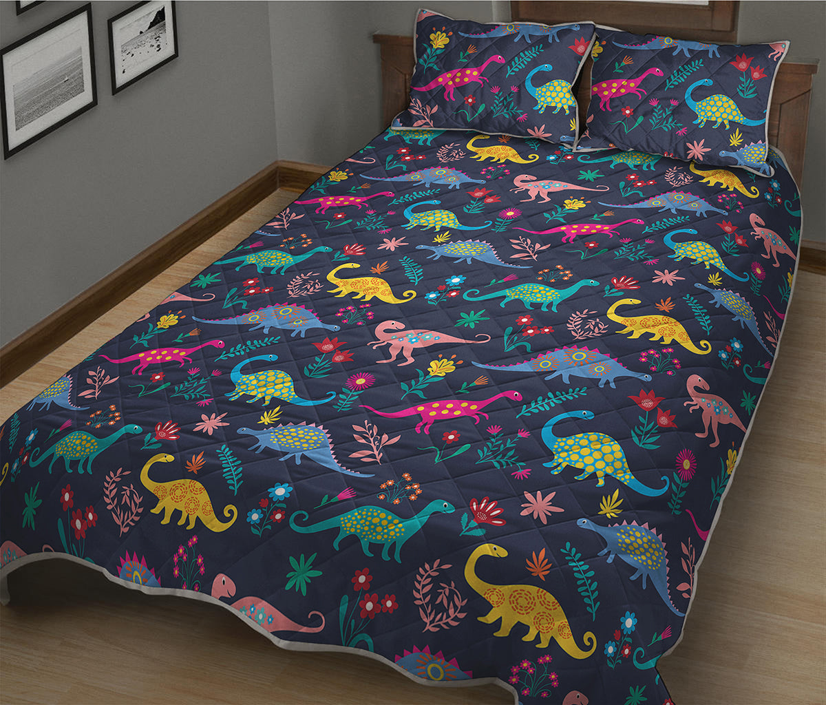 Cute Dino Floral Pattern Print Quilt Bed Set