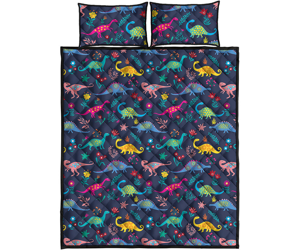 Cute Dino Floral Pattern Print Quilt Bed Set