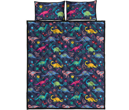 Cute Dino Floral Pattern Print Quilt Bed Set