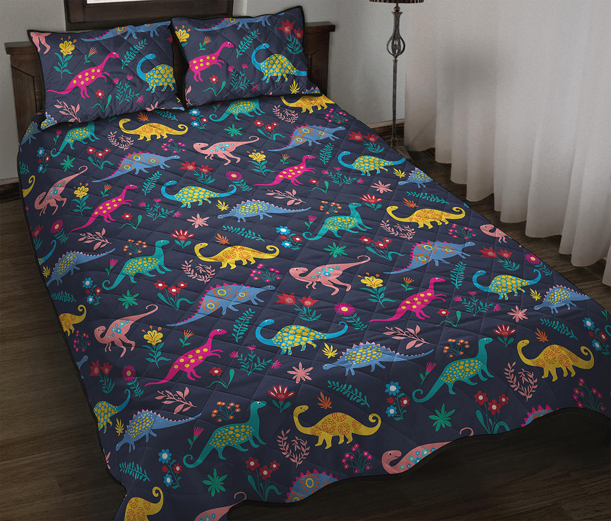 Cute Dino Floral Pattern Print Quilt Bed Set