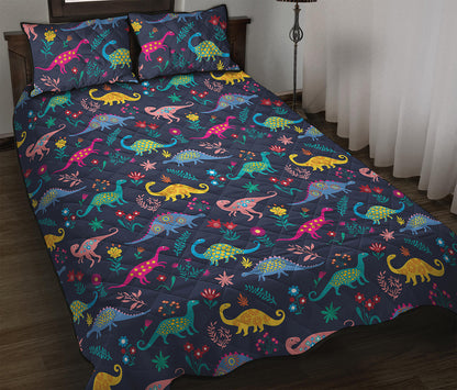 Cute Dino Floral Pattern Print Quilt Bed Set