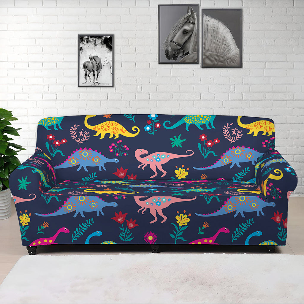 Cute Dino Floral Pattern Print Sofa Cover