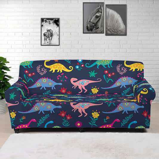 Cute Dino Floral Pattern Print Sofa Cover