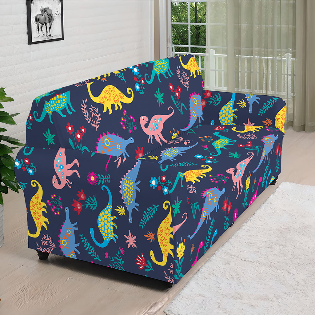 Cute Dino Floral Pattern Print Sofa Cover