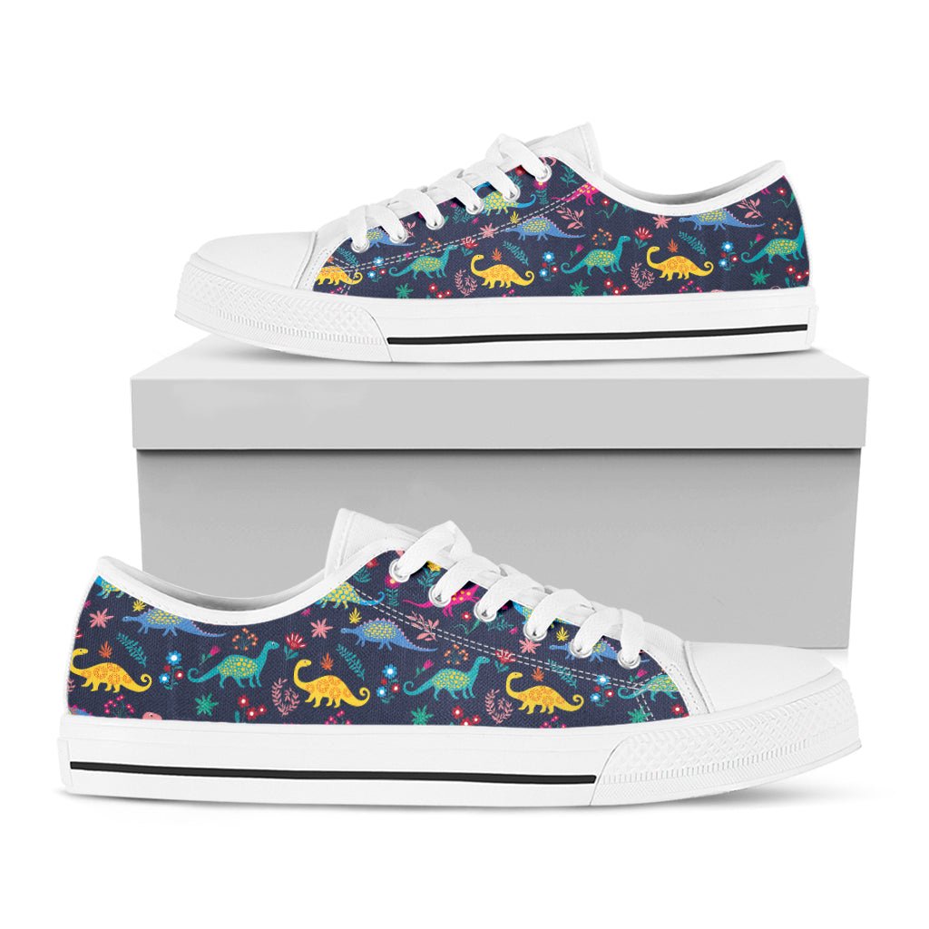 Cute Dino Floral Pattern Print White Low Top Shoes