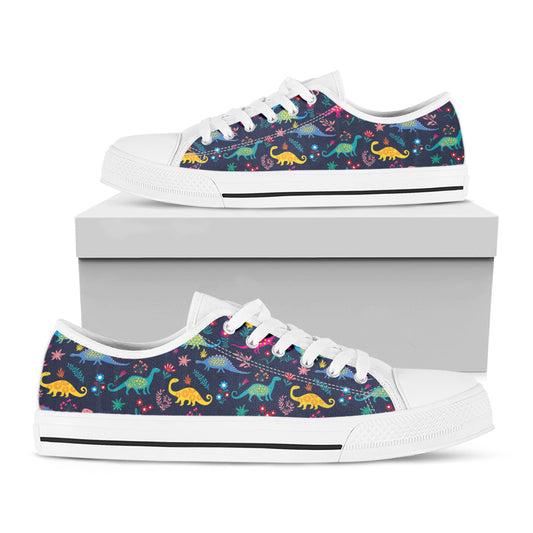 Cute Dino Floral Pattern Print White Low Top Shoes