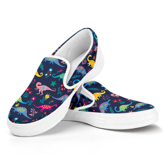 Cute Dino Floral Pattern Print White Slip On Shoes