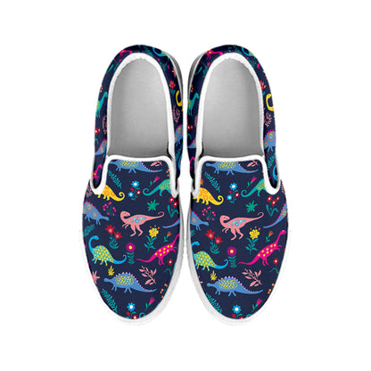 Cute Dino Floral Pattern Print White Slip On Shoes