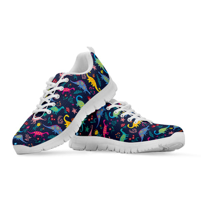 Cute Dino Floral Pattern Print White Sneakers