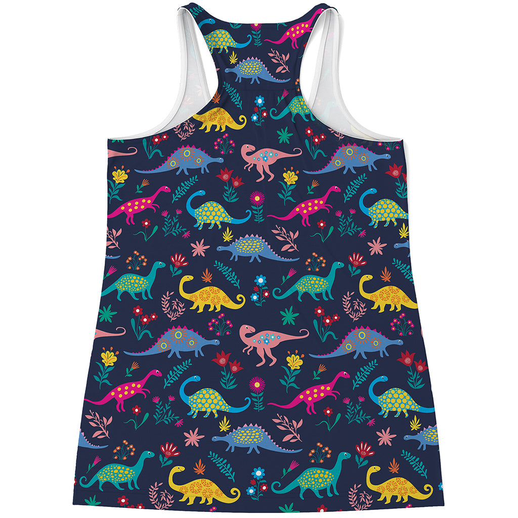 Cute Dino Floral Pattern Print Women's Racerback Tank Top