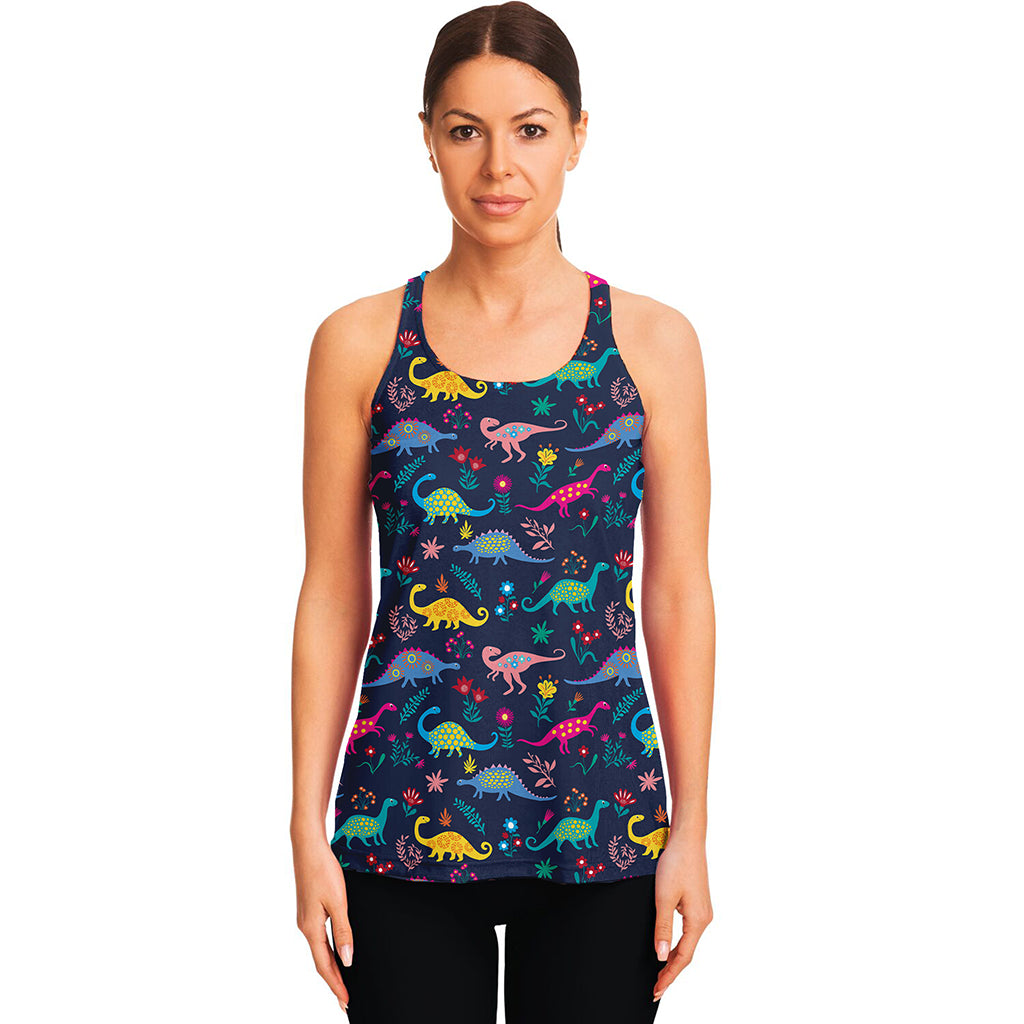 Cute Dino Floral Pattern Print Women's Racerback Tank Top