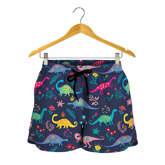 Cute Dino Floral Pattern Print Women's Shorts