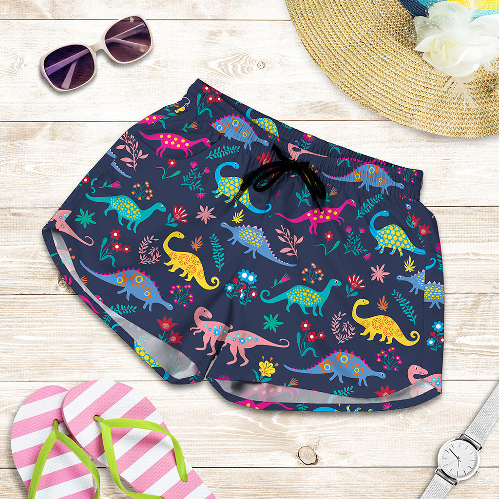 Cute Dino Floral Pattern Print Women's Shorts