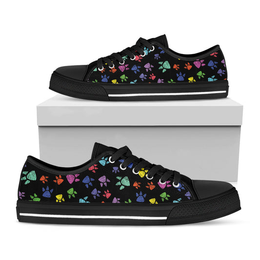 Cute Dino Footprint Pattern Print Black Low Top Shoes