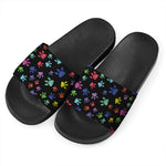 Cute Dino Footprint Pattern Print Black Slide Sandals
