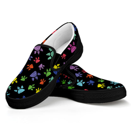 Cute Dino Footprint Pattern Print Black Slip On Shoes