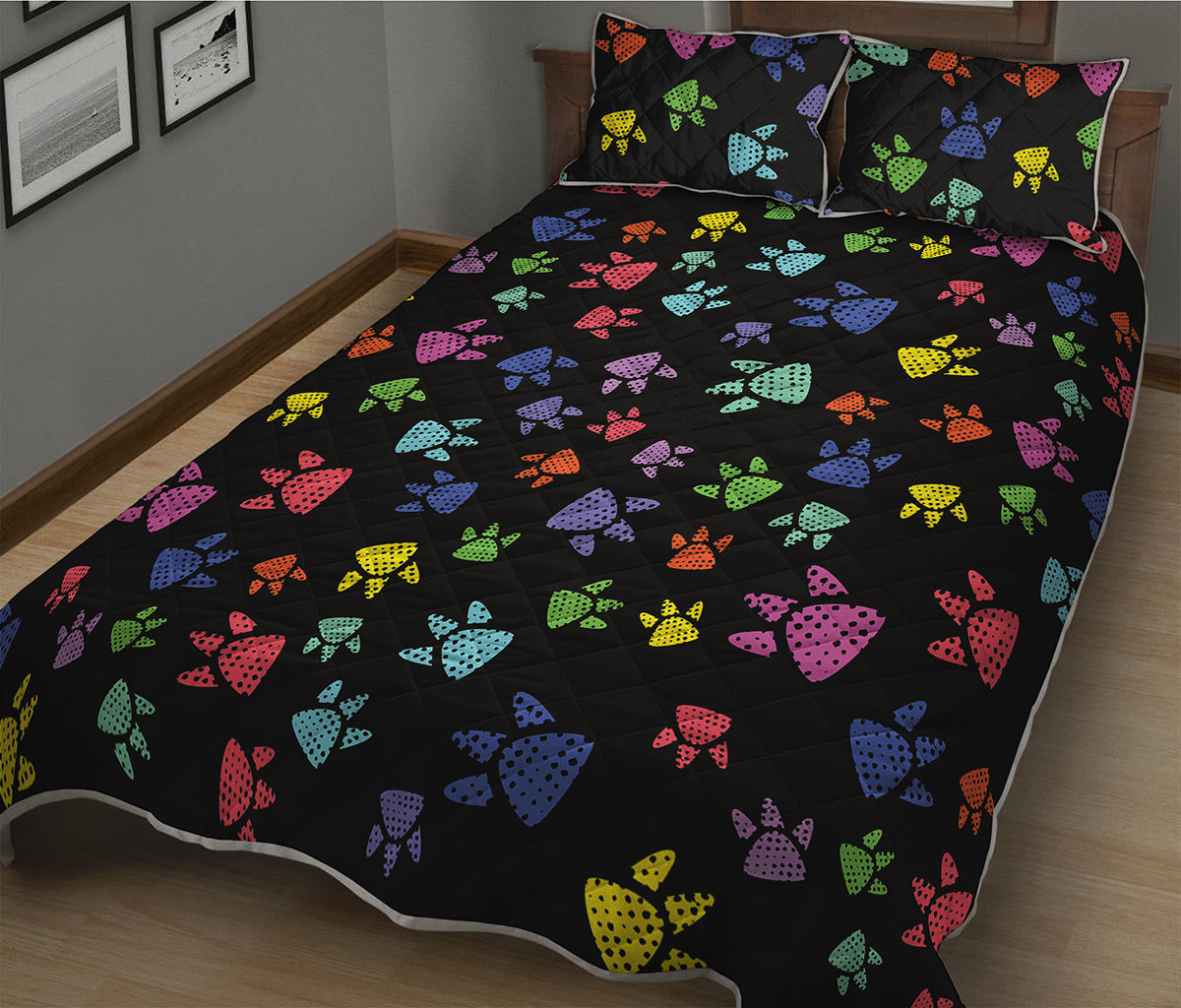 Cute Dino Footprint Pattern Print Quilt Bed Set