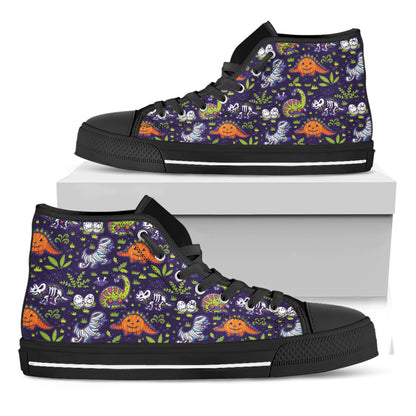 Cute Dino Halloween Pattern Print Black High Top Shoes