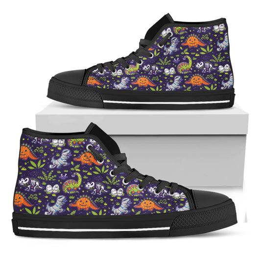 Cute Dino Halloween Pattern Print Black High Top Shoes