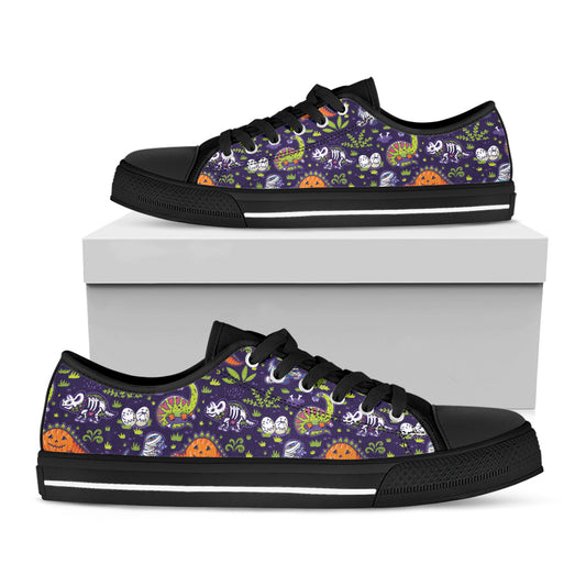 Cute Dino Halloween Pattern Print Black Low Top Shoes