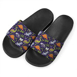 Cute Dino Halloween Pattern Print Black Slide Sandals