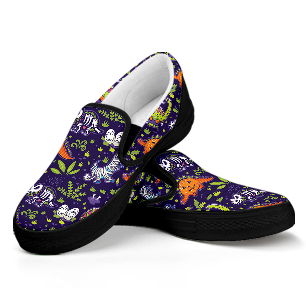 Cute Dino Halloween Pattern Print Black Slip On Shoes
