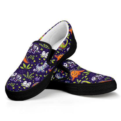 Cute Dino Halloween Pattern Print Black Slip On Shoes