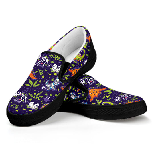 Cute Dino Halloween Pattern Print Black Slip On Shoes