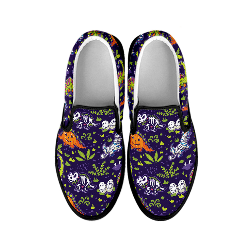 Cute Dino Halloween Pattern Print Black Slip On Shoes