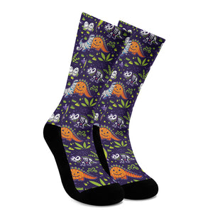 Cute Dino Halloween Pattern Print Crew Socks