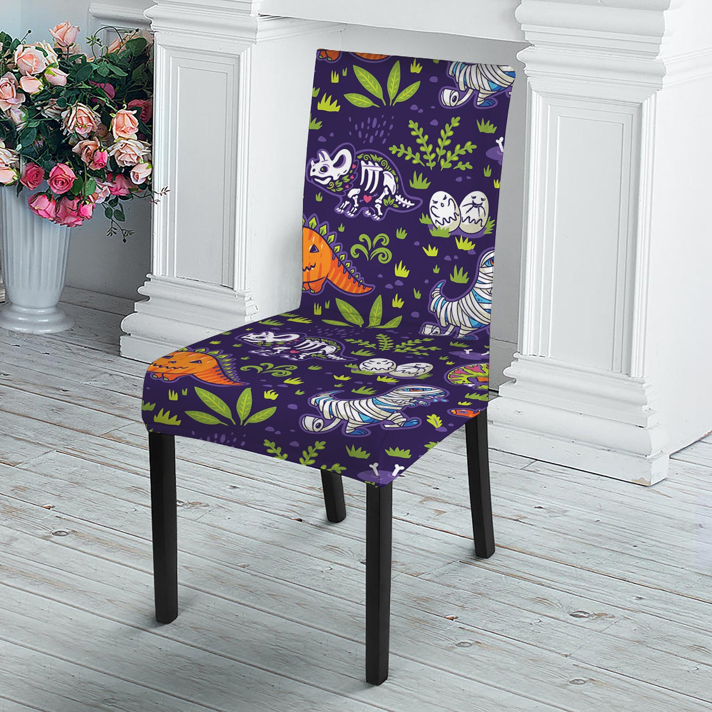 Cute Dino Halloween Pattern Print Dining Chair Slipcover
