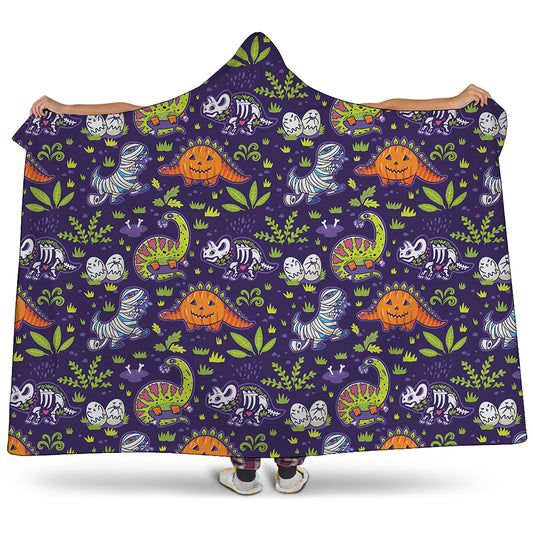 Cute Dino Halloween Pattern Print Hooded Blanket