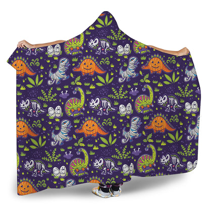 Cute Dino Halloween Pattern Print Hooded Blanket