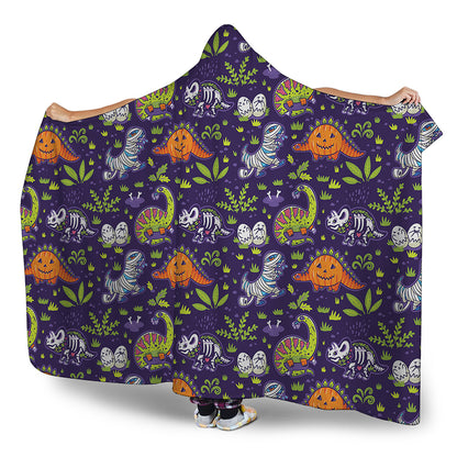 Cute Dino Halloween Pattern Print Hooded Blanket