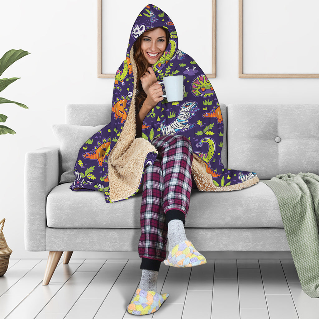 Cute Dino Halloween Pattern Print Hooded Blanket