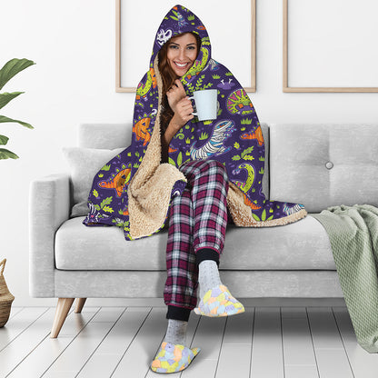 Cute Dino Halloween Pattern Print Hooded Blanket