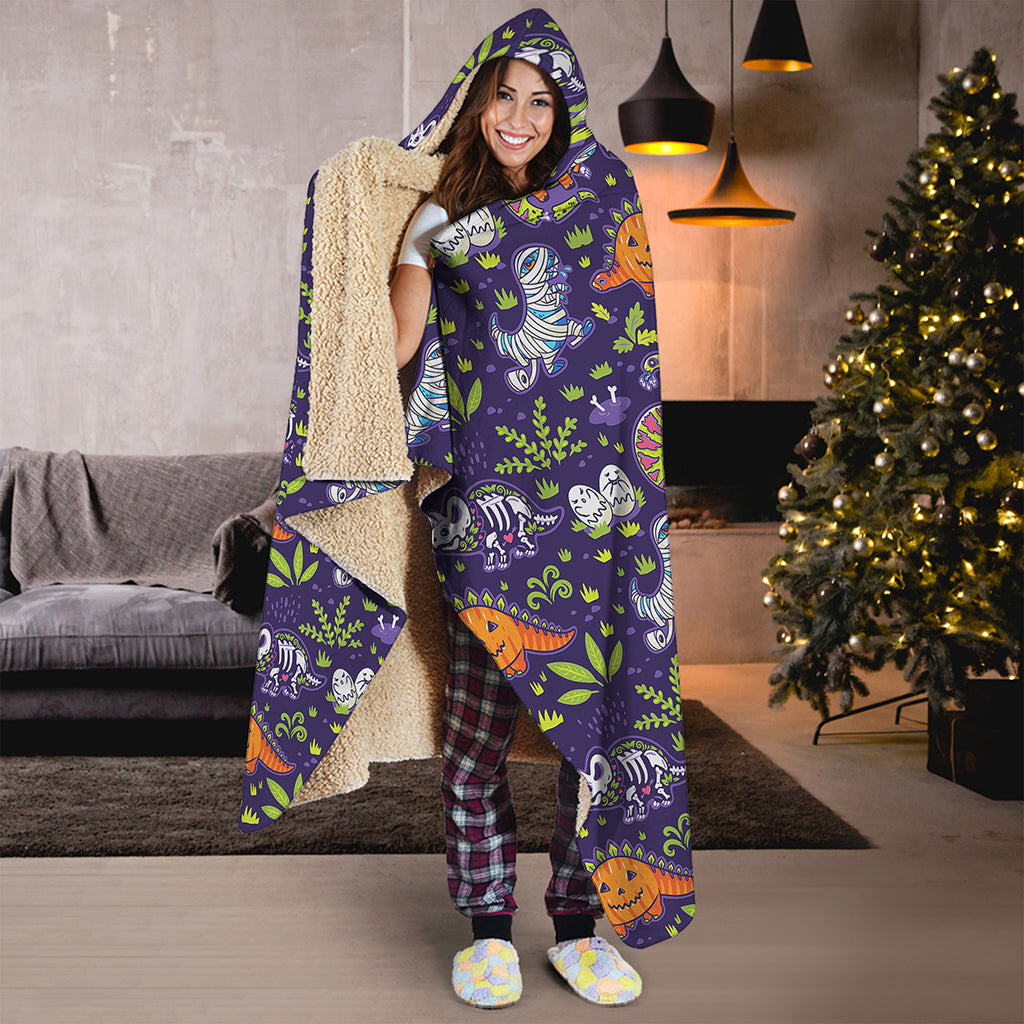 Cute Dino Halloween Pattern Print Hooded Blanket