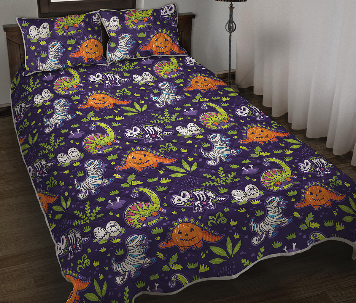 Cute Dino Halloween Pattern Print Quilt Bed Set